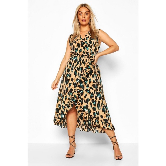 Boohoo Dresses & Skirts - NWT Boohoo Plus‎ Wrap Leopard Ruffle Hi Low Midi Dress Size 24